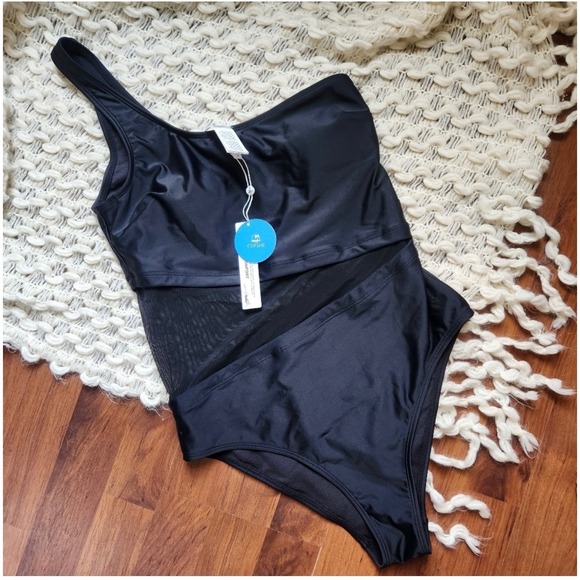 NWT Black Cupshe Forest Adventure One Shoulder Mesh One Piece Swimsuit Medium - Picture 3 of 7